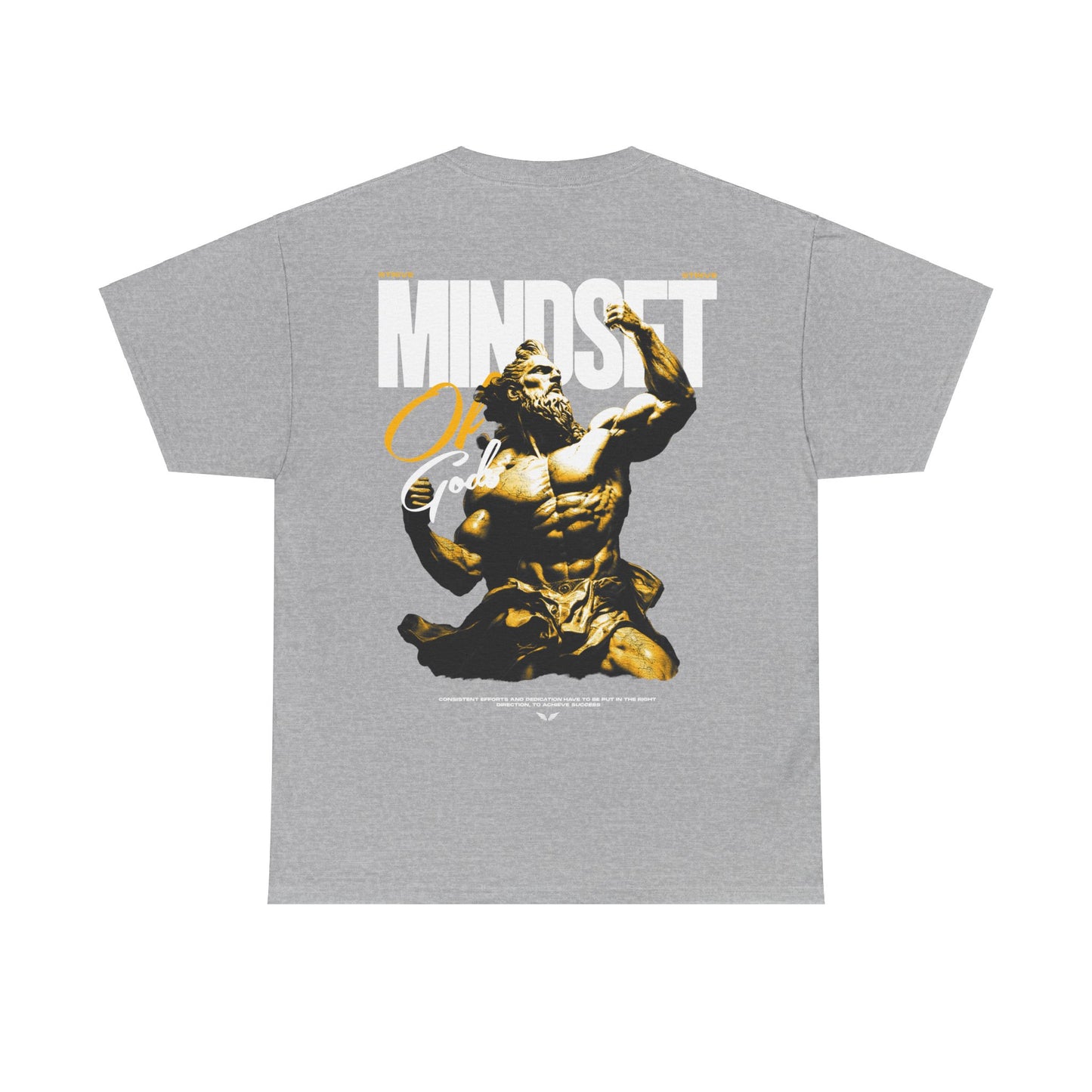 Strive Streetwear & Gym Wear Poster – antike Statue eines muskulösen Gottes in kraftvoller Pose mit dem Slogan 'Mindset of Gods'. Motiviert zu Selbstverbesserung und Erfolg durch Beharrlichkeit und Hingabe. Streetwear kombiniert mit Fitness- und Lifestyle-Motivation.