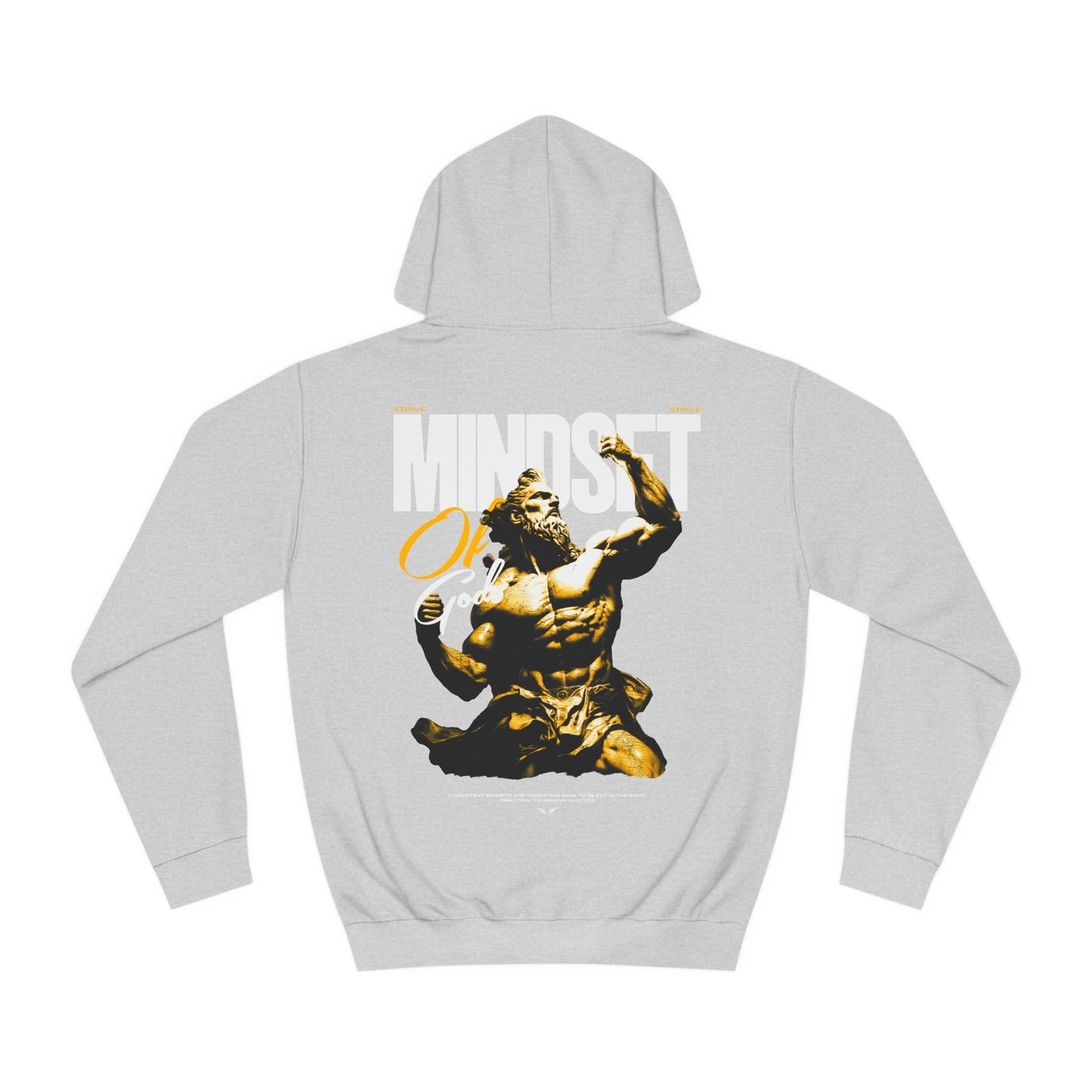 Hoodie von Strive: antike Göttlichkeits-Statue mit dem Slogan 'Mindset of Gods'. Ideal für Streetwear- und Gym-Enthusiasten, inspiriert zu Stärke, Ausdauer und Selbstverbesserung. Strive kombiniert Stil mit Funktion für einen aktiven Lifestyle