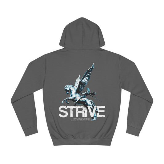 Strive Motivationsshirt – antiker Krieger auf geflügeltem Pferd mit dem Slogan 'Defy Limits, Dream Beyond'. Inspiriert zu Stärke, Durchhaltevermögen und dem Streben nach mehr. Ideal für Streetwear- und Fitnessfans, die ihre Grenzen überschreiten wollen