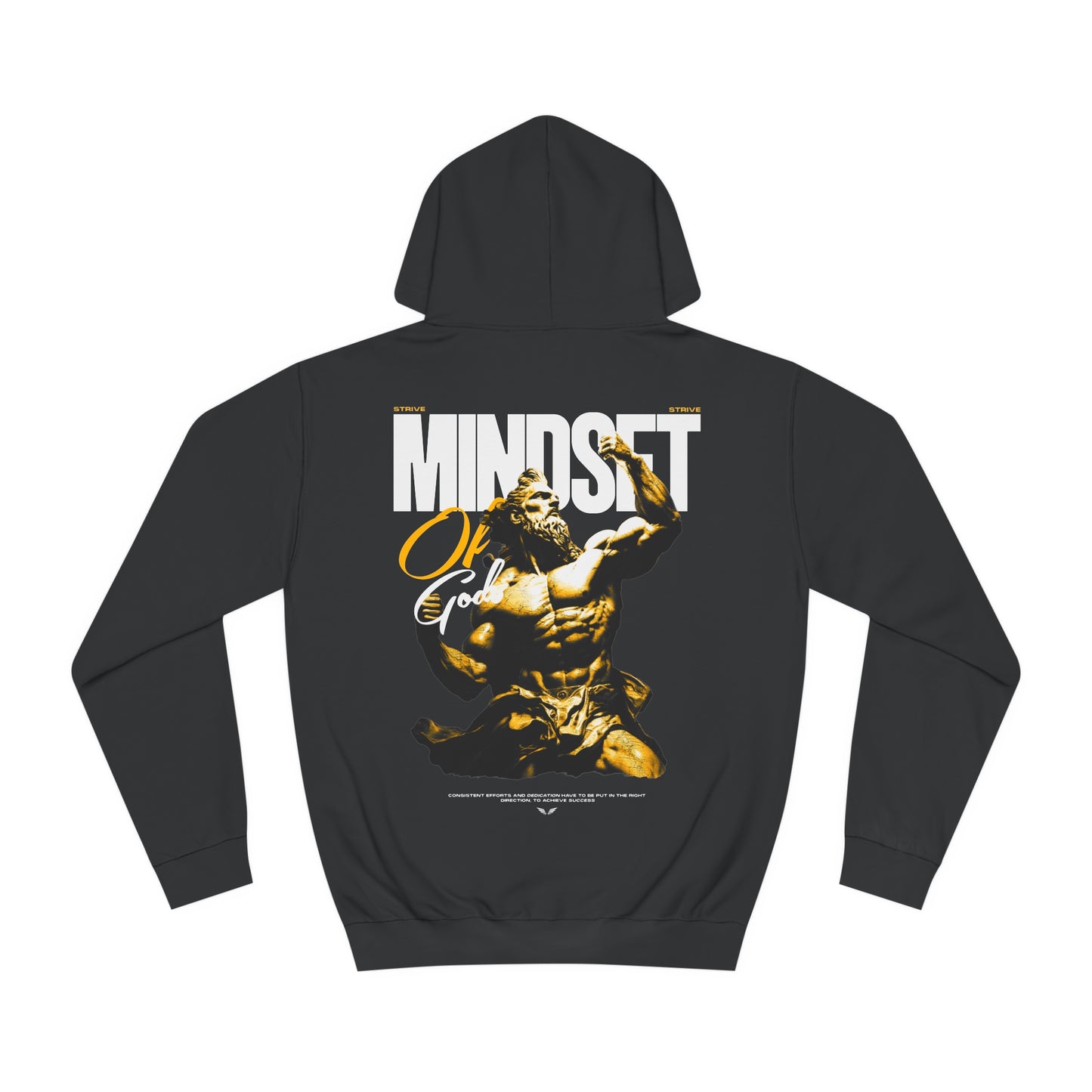 Hoodie von Strive: antike Göttlichkeits-Statue mit dem Slogan 'Mindset of Gods'. Ideal für Streetwear- und Gym-Enthusiasten, inspiriert zu Stärke, Ausdauer und Selbstverbesserung. Strive kombiniert Stil mit Funktion für einen aktiven Lifestyle